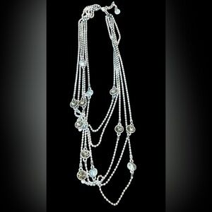 Sweet Lola 5 Strand Beaded Chain Faceted Rhinestone Statement Necklace Silver